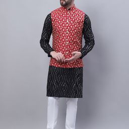 SOJANYA Leheriya Embroidered Sequinned Pure Cotton Kurta with Pyjamas & Nahru Jacket-picture-54