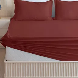 HOMEMONDE Maroon Cotton Fitted 210 TC Single Bedsheet with Pillow Cover-image-80