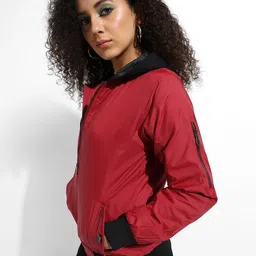 Campus Sutra Women Maroon Striped Windcheater Longline Outdoor Bomber Jacket-image-42