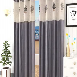 Homefab India Grey & Cream-Coloured Set of 2 Floral Sheer Long Door Curtain-8
