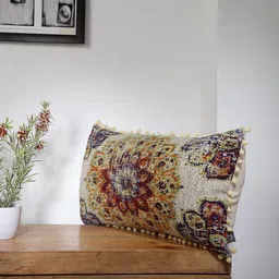 BLANC9 Yellow & Red Printed Pom-Pom Trim Rectangular Cotton Cushion Cover-7