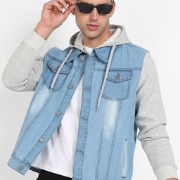 Campus Sutra Blue & Grey Washed Colourblocked Windcheater Hooded Cotton Denim Jacket-image-98