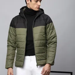 Dennis Lingo Men Olive Green Colourblocked Lightweight Outdoor Padded Jacket-image-87