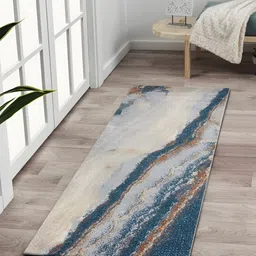OBSESSIONS Cream-Colored & Blue Abstract Printed Anti Static Floor Runner-13