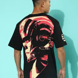 VEIRDO Star Wars Graphic Printed Black & yellow Extended Sleeves Loose Cotton T-Shirt-image-34