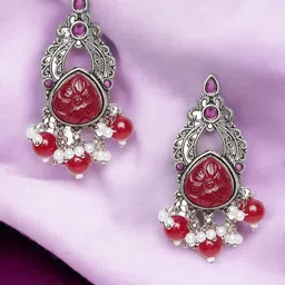 Sangria Silver-Toned Stones Studded & Beads Beaded Contemporary Drop Earrings-image-24