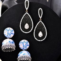 VOJ Set of 2 Copper Plated Artificial Beads Stainless Steel Drop Earrings & Jhumkas-40