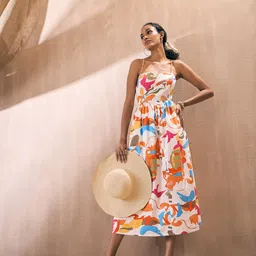 Pink Paprika by SASSAFRAS Abstract Printed Shoulder Straps Poplin Fit & Flare Midi Dress-12