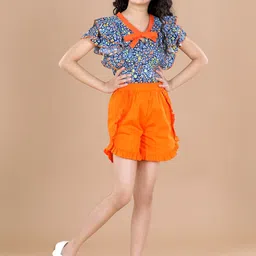 Cutiekins Girls Blue & Orange Floral Printed Flutter Sleeves Top with Shorts-image-56