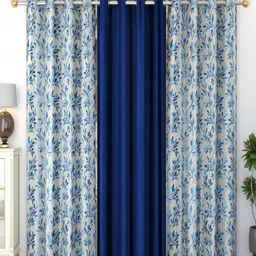 Homefab India Ferncombo Navy Blue & Cream-Coloured 3 Pieces Floral Long Door Curtains-16