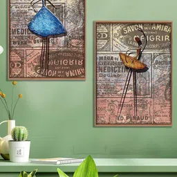 Art Street Set of 2 Brown & Blue Printed Dancing Figure Framed Canvas Painting Wall Art-0
