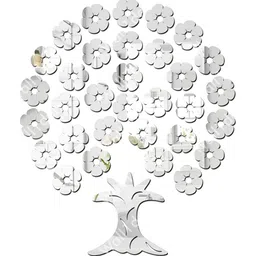 Wall1ders Silver Toned 32 Pieces Floral Tree Mirror Wall Stickers-image-52