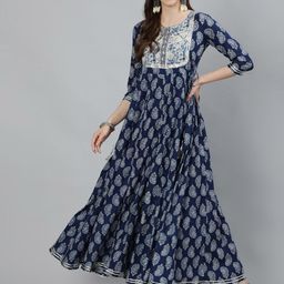 KIMAYRA Women Navy Blue & White Paisley Printed Anarkali Kurta-image-58