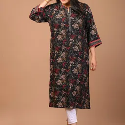 KALINI Plus Size Mandarin Collar Floral Printed Floral Cotton Kurta-19