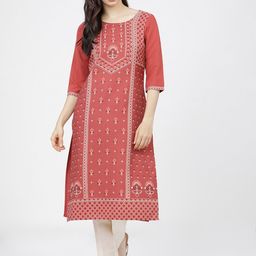 KETCH Women Rust Ethnic Motifs Embroidered Keyhole Neck Mirror Work Kurta-35