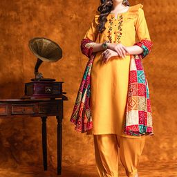 KALINI Floral Embroidered Mirror Work Pure Cotton Kurta With Patiala & With-image-33