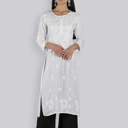 Seva Chikan Ethnic Motifs Lucknowi Chikankari Embroidered Regular Sequinned Kurta-image-19