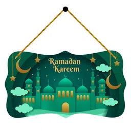 Home Delight Sea Green & Yellow Ramadan Kareem Printed Wooden Religious Wall Hanging-image-49