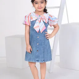Peppermint Girls Puff Sleeves Denim A-line Dress-image-51