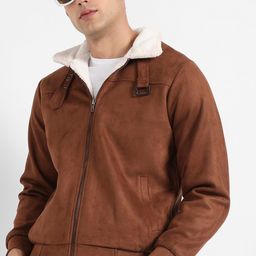 Campus Sutra Brown Windcheater Spread Collar Suede Tailored Jacket-image-26