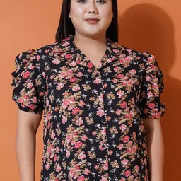 U&F Beyond Floral Print Mandarin Collar Puff Sleeve Ruffles Georgette Shirt Style Top-image-20