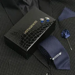 MUTAQINOTI Men Checkered Blue Silk Necktie Accessory Gift Set-29