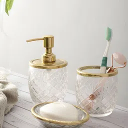 Decor de Maison Gold Toned & Transparent 3 Pieces Textured Metal Bath Accessories Set-7
