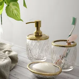 Decor de Maison Gold Toned & Transparent 3 Pieces Textured Metal Bath Accessories Set-27