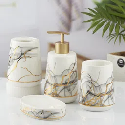 Kookee White 4 piece Abstract Printed Ceramic Bath Accessories Set image 1