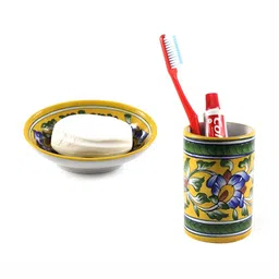 INDIA MEETS INDIA Yellow & Green 2 Pieces Printed Ceramic Bath Accessories Set-24