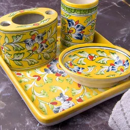 INDIA MEETS INDIA Yellow & Green 4 Pieces Printed Ceramic Bath Accessories Set-27