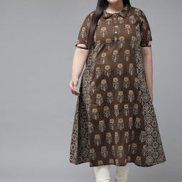 KALINI Plus Size Floral Printed Shirt Collar Cotton A Line Kurta-16