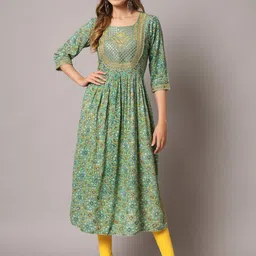 KALINI Ethnic Motifs Printed Thread Work Detail A-Line Kurta-12