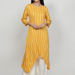 Fabclub Women Mustard Yellow Striped Kurta-image-38