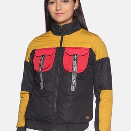 Campus Sutra Women Black & Yellow Colourblocked Windcheater Bomber Jacket-image-74