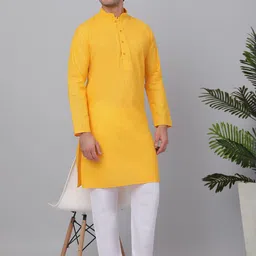 KRAFT INDIA Striped Thread Work Mandarin Collar Cotton Linen Straight Kurta-image-6