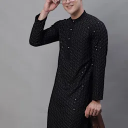 Anouk Black Embroidered Band Collar Sequinned Kurta-image-82