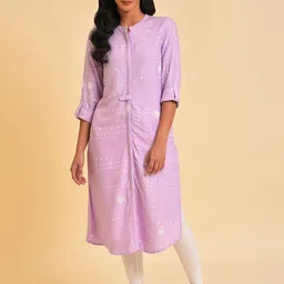 W Purple Geometric Printed Band Collar Kurta-51