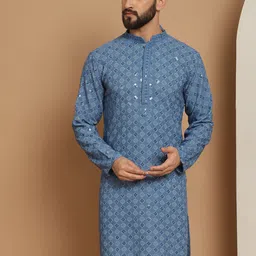 Anouk Blue Ethnic Motifs Embroidered Sequinned Detailed Cotton Straight Kurta-image-17