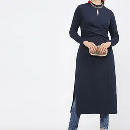 Vishudh Women Navy Blue Keyhole Neck Knitted Kurta-image-94