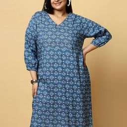 Sztori Plus Size Floral Printed V-Neck Pure Cotton Straight Kurta-image-65