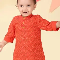 Fabindia Boys Geometric Block Printed Roll-Up Sleeves Cotton A-Line Kurta-25