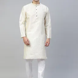 MANQ Men Cream-Coloured Mandarin Collar Striped Straight Kurta-picture-20