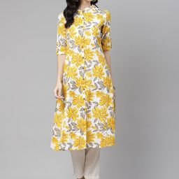 Divena Women White & Yellow Floral Printed Kurta-picture-16