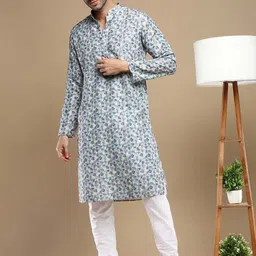 Anouk Blue Abstract Printed Zari Mandarin Collar Cotton Straight Kurta-picture-12