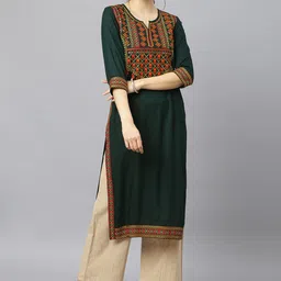 FASHION DEPTH Women Green Ethnic Motifs Embroidered Thread Work Kurta-image-91