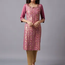 AURELIA Women Mauve & Gold-Toned Ethnic Motifs Printed Kurta-16