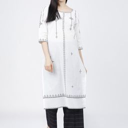 Vishudh Women Off White & Black Geometric Yoke Design Thread Work White Romance Kurta-image-9