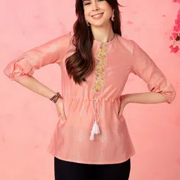 Anouk Pink Floral Embroidered Round Neck Kurti-image-62
