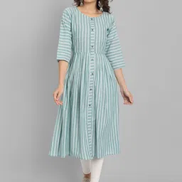 HETSA Women Green & White Striped Thread Work Kurta-picture-19